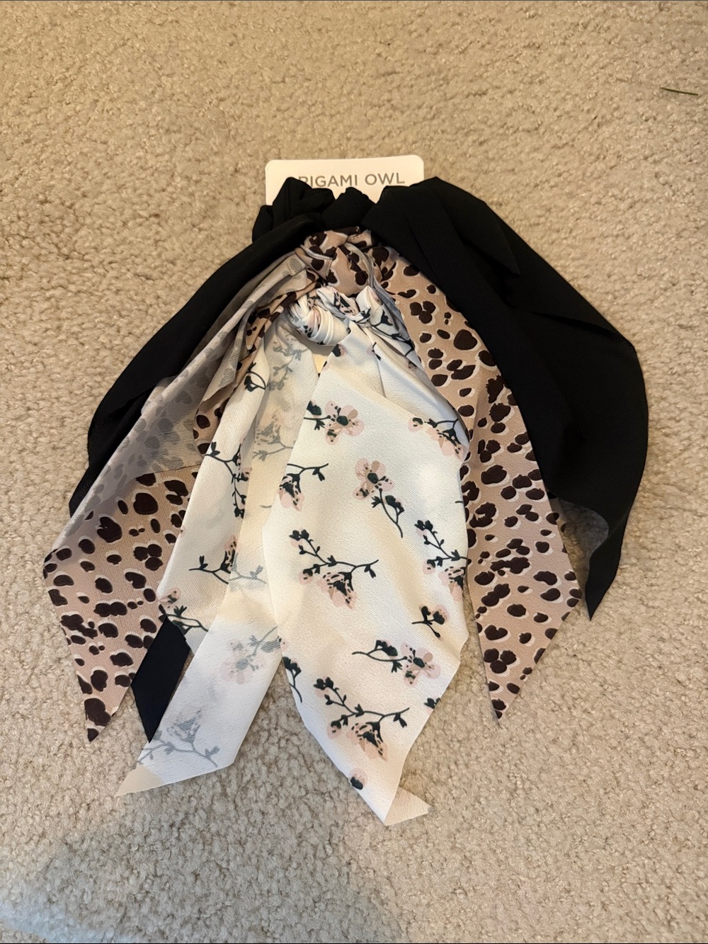 Origami Owl Black, Cream, & Brown Leopard-like Print Hair Scarf Set